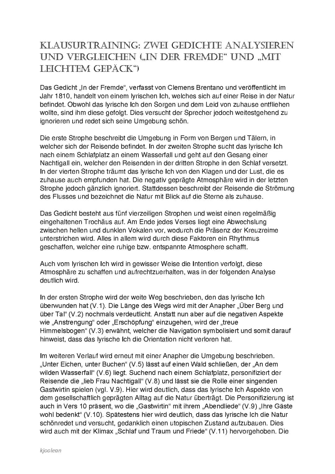 Gedichtsanalyse und -vergleich: "In der Fremde" und "Mit leichtem Gepäck" 