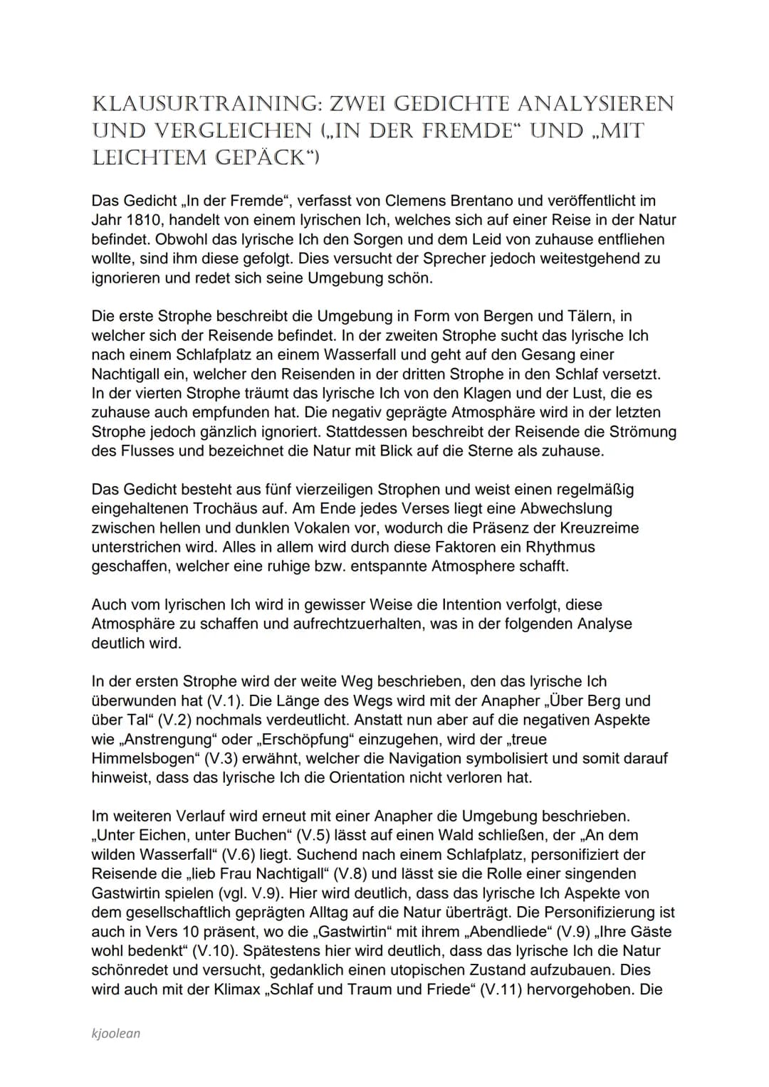 KLAUSURTRAINING:
ZWEI GEDICHTE ANALYSIEREN
UND VERGLEICHEN (,,IN DER FREMDE" UND ,,MIT
LEICHTEM GEPÄCK")
Das Gedicht ,,In der Fremde", verfa