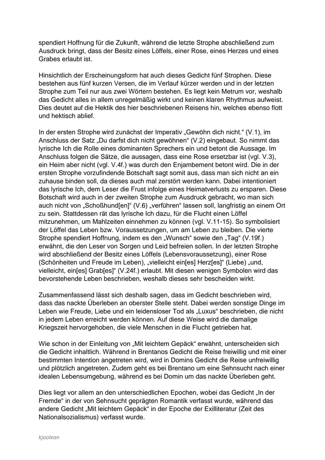 KLAUSURTRAINING:
ZWEI GEDICHTE ANALYSIEREN
UND VERGLEICHEN (,,IN DER FREMDE" UND ,,MIT
LEICHTEM GEPÄCK")
Das Gedicht ,,In der Fremde", verfa