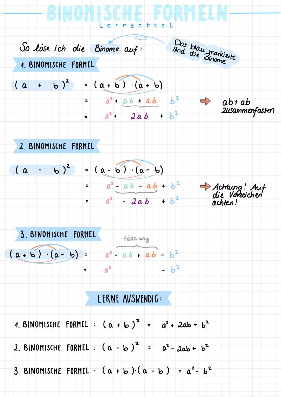 ( a
So lose ich die Binome auf:
1. BINOMISCHE FORMEL
BINOMISCHE FORMELN
+
( a
6) ²
=
=
Ĉ
2. BINOMISCHE FORMEL
(a + b)(a + b)
a² + ab + ab
2a