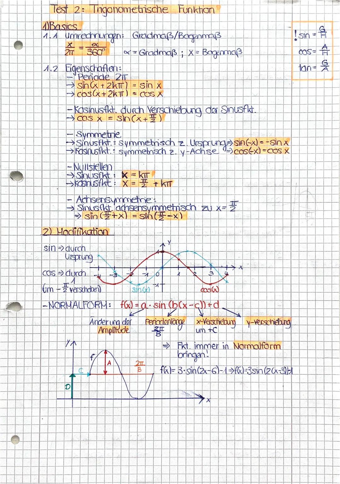 Test 2: Tigonometrische Funkhan

4) Basics

1.4 umrechnungen: Gradmaß/Bagenmaß

$\frac{x}{2\pi}$ $\frac{\alpha}{360°}$ Gradmaß; X = Bagermaß
