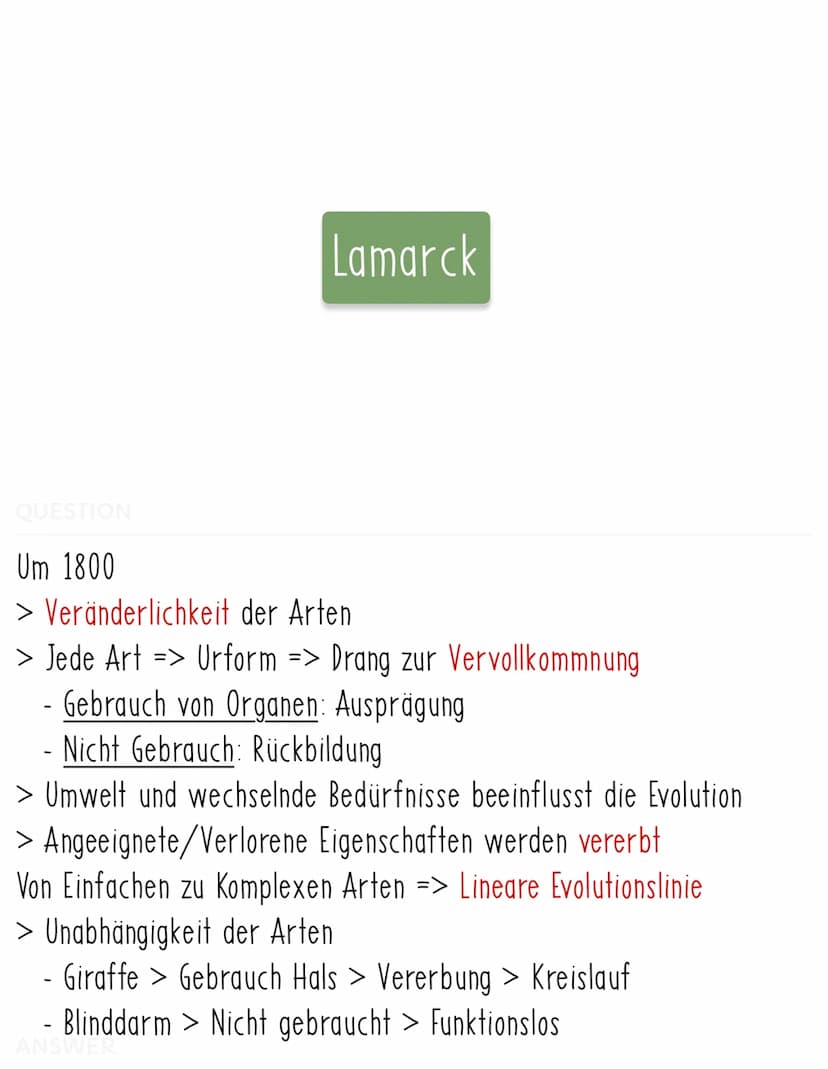 QUESTION
> Alle Arten entstanden durch Schöpfungsprozess
> Keine Evolution oder Veränderung
> Einfluss Kirche
Cuvier Katastrophismus
> Arten