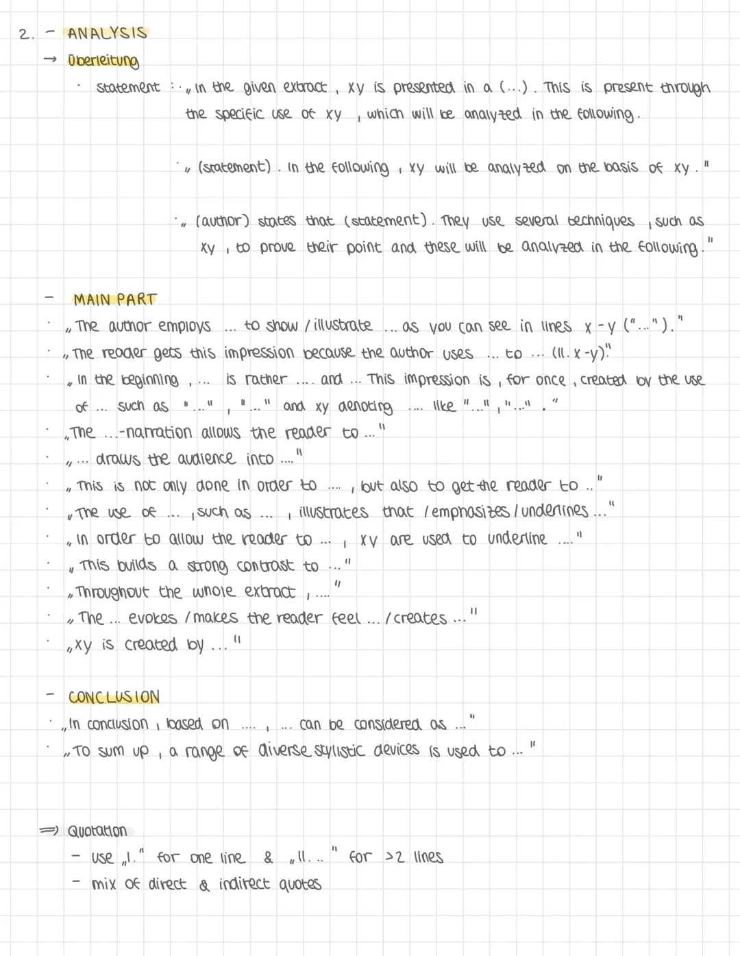 A.
FORMULIERUNGEN
-
INTRODUCTION
The (...)
It deals with ....
SUMMARY/OUTLINE
,,In the beginning"
In the first paragraph "
"1
11
Next
"1
"xy