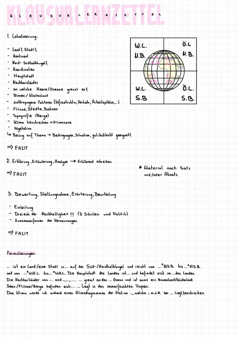 KLAUSURLERNE
Klima Grundlagen, Diagramm auswerten:
Klimadiagramm auswerten:
1. Lage und Höhe der Station ablesen
2. Klimawerte ablesen
a) Te