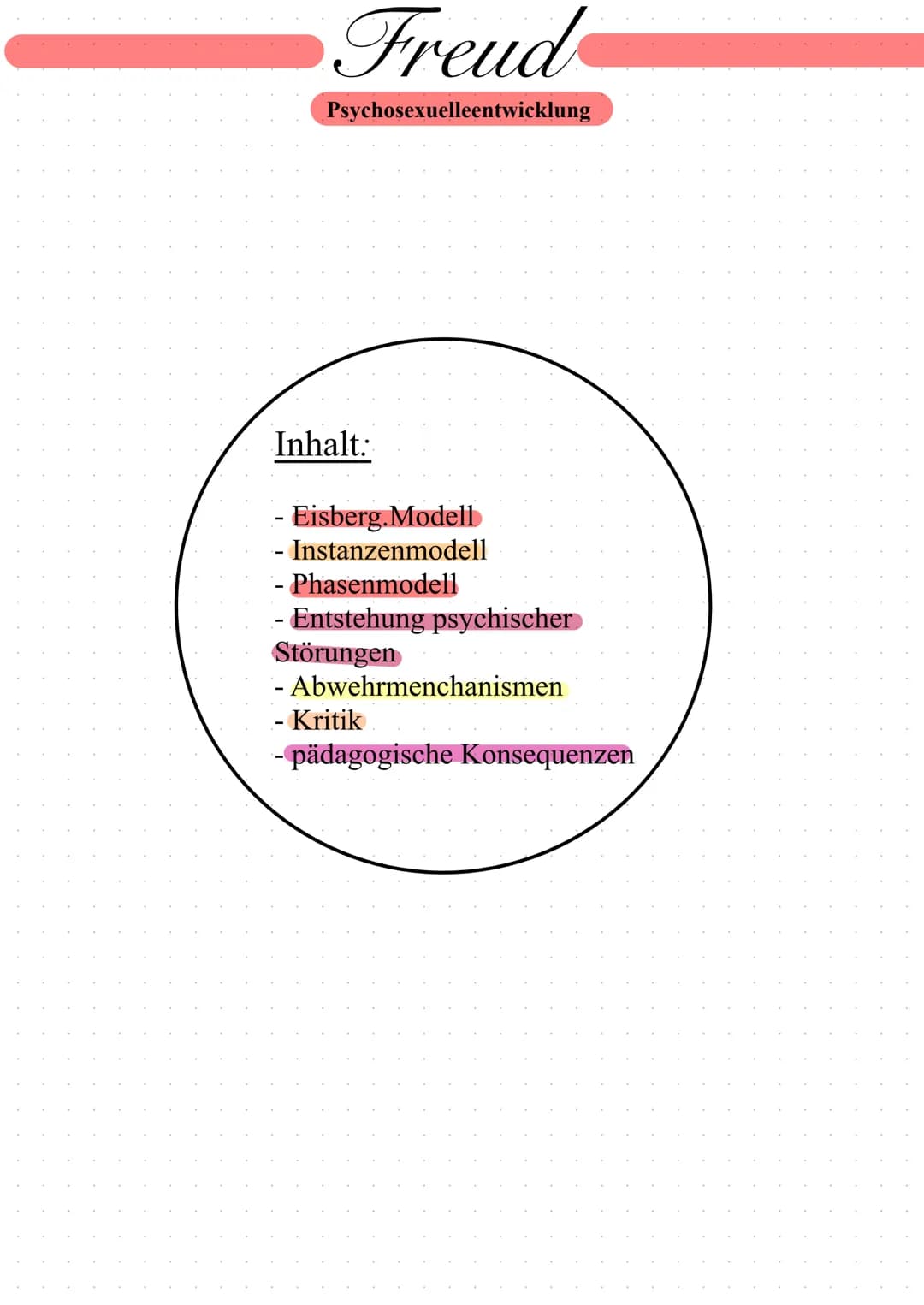 Freud
Psychosexuelleentwicklung
Inhalt:
- Eisberg.Modell
Instanzenmodell
- Phasenmodell
- Entstehung psychischer
Störungen
- Abwehrmenchanis