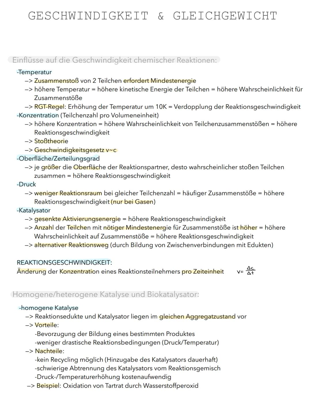 GESCHWINDIGKEIT & GLEICHGEWICHT
Einflüsse auf die Geschwindigkeit chemischer Reaktionen:
-Temperatur
-> Zusammenstoß von 2 Teilchen erforder