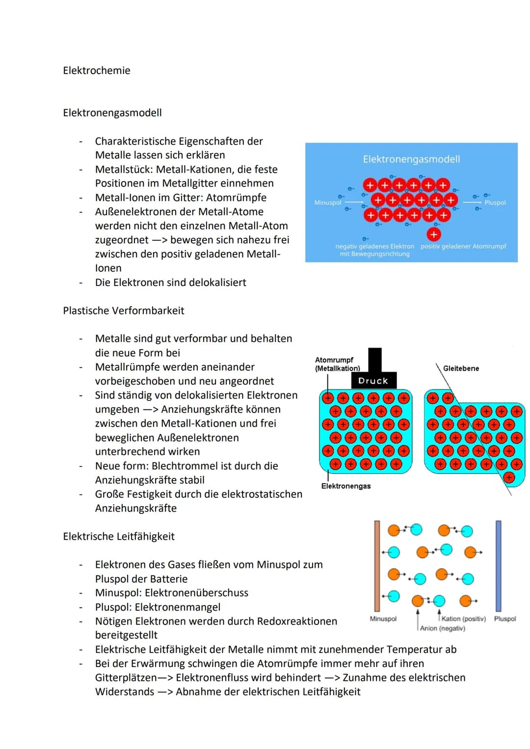 Elektrochemie
Elektronengasmodell
-
-
Charakteristische Eigenschaften der
Metalle lassen sich erklären
Metallstück: Metall-Kationen, die fes