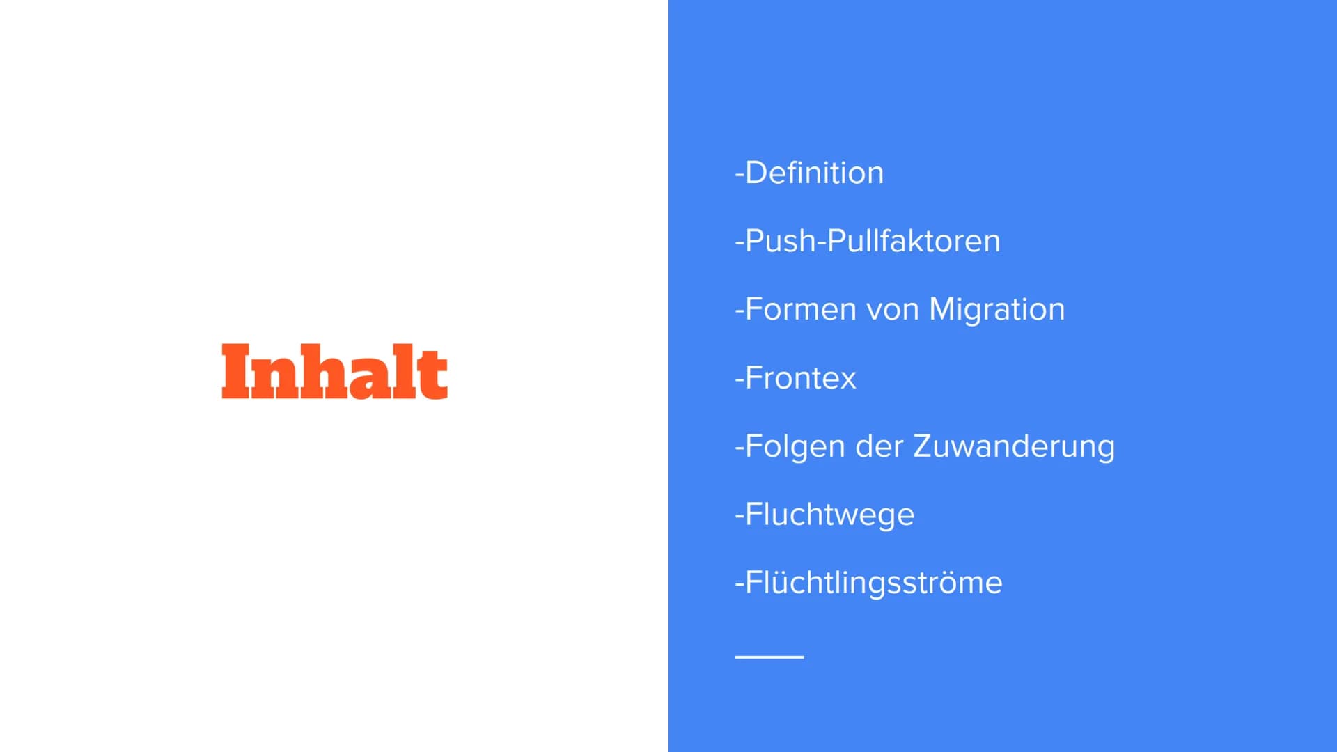 Migration Inhalt
-Definition
-Push-Pullfaktoren
-Formen von Migration
-Frontex
-Folgen der Zuwanderung
-Fluchtwege
-Flüchtlingsströme Defini