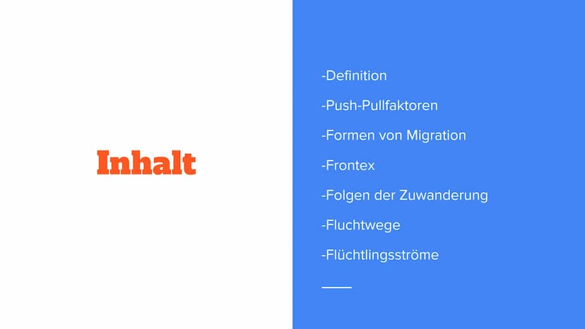 Migration Inhalt
-Definition
-Push-Pullfaktoren
-Formen von Migration
-Frontex
-Folgen der Zuwanderung
-Fluchtwege
-Flüchtlingsströme Defini