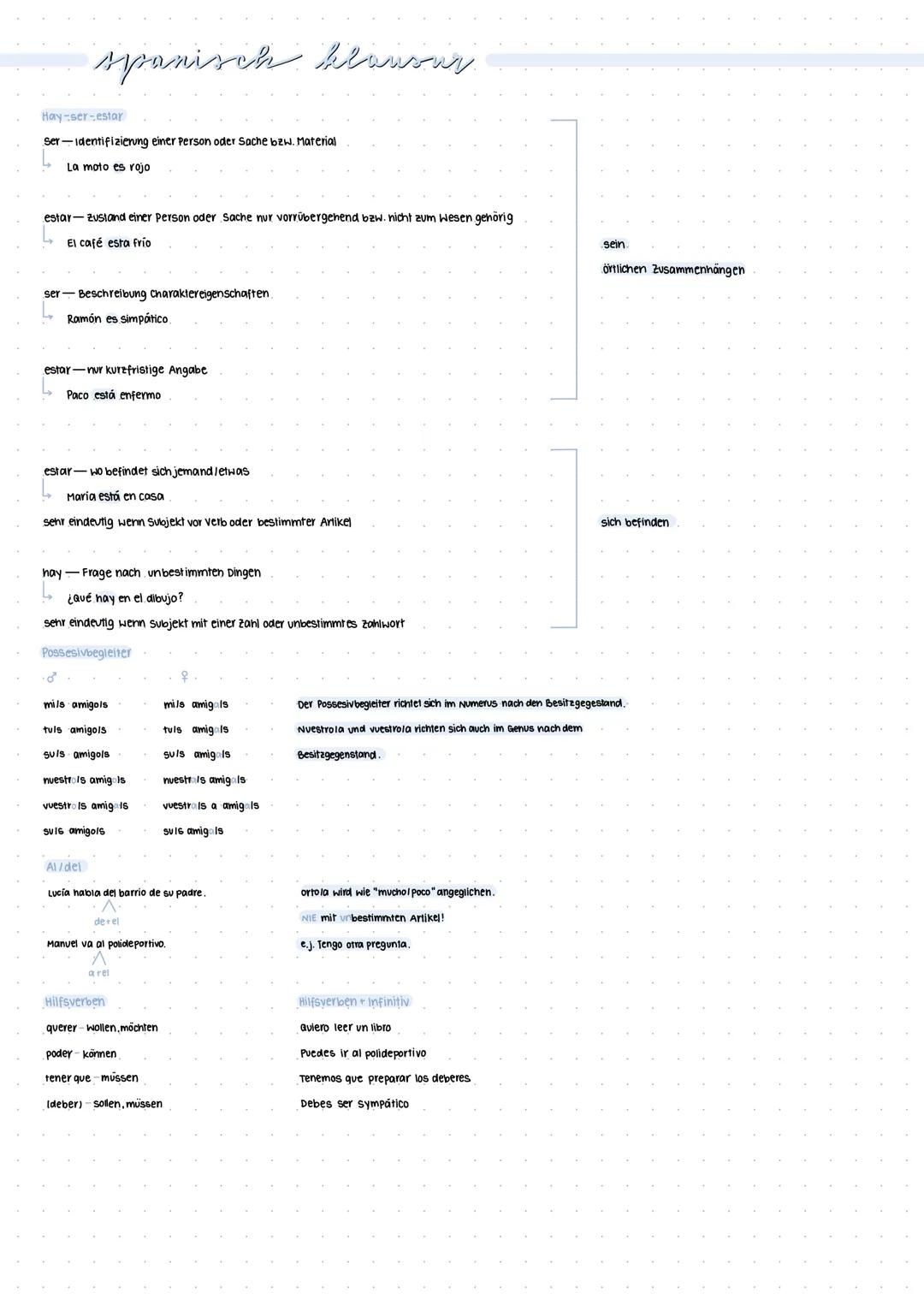 spanisch klausus
Hay-ser-estar
Ser-Identifizierung einer Person oder Sache bzw. Material
La moto es rojo
estar-zustand einer Person oder Sac