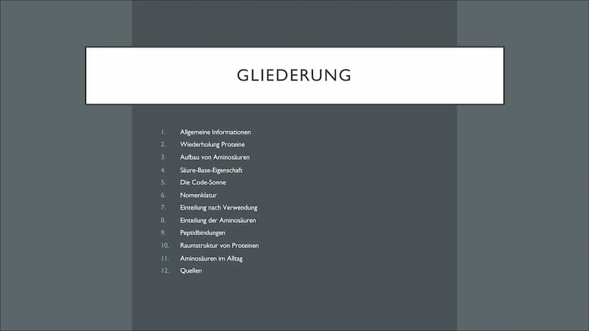 AMINOSÄUREN: DIE „BAUSTEINE DES
LEBENS"
Eine Präsentation von @susu notes I.
2.
3.
4.
5.
6.
7.
8.
9.
10.
II.
12.
GLIEDERUNG
Allgemeine Infor