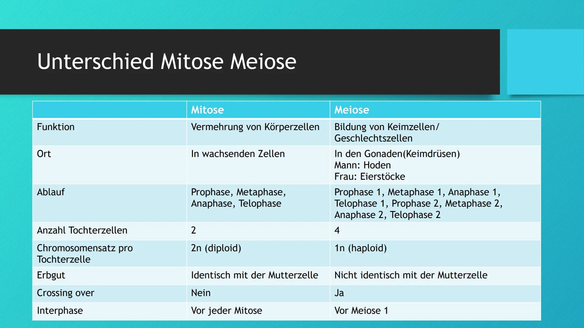 X
44
Mitose und Meiose im Vergleich Gliederung
1. Was sind Mitose und Meiose?
2. Vergleich Mitose Meiose
3. Phasen aufgelistet
4. Ausgangszu