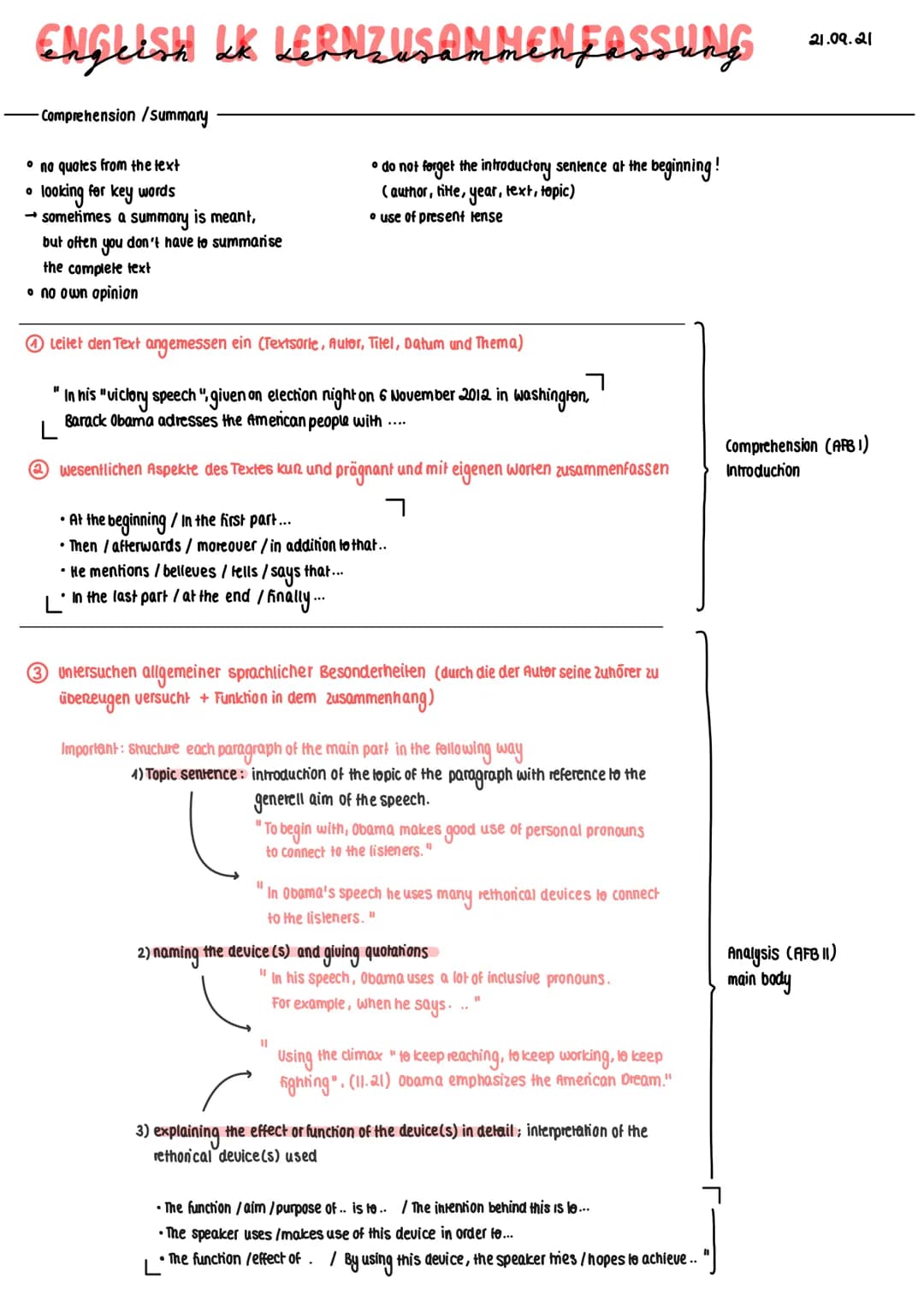 ENGLISH LK LERNZUSAMMENFASSUNG
0
- Comprehension /summary
• no quotes from the text
looking for key words
→ sometimes a summary is meant,
bu