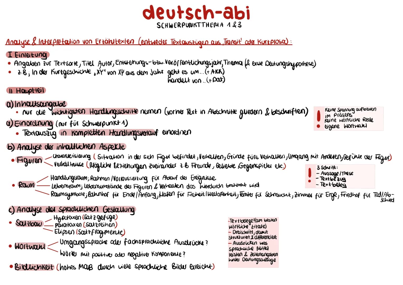 Analyse & Interpretation von Erzähltexten (entweder Textauszügen aus, Transit' oder Kurzprosa):
I Einleitung
●
Angaben zur Textsorte, Titel 