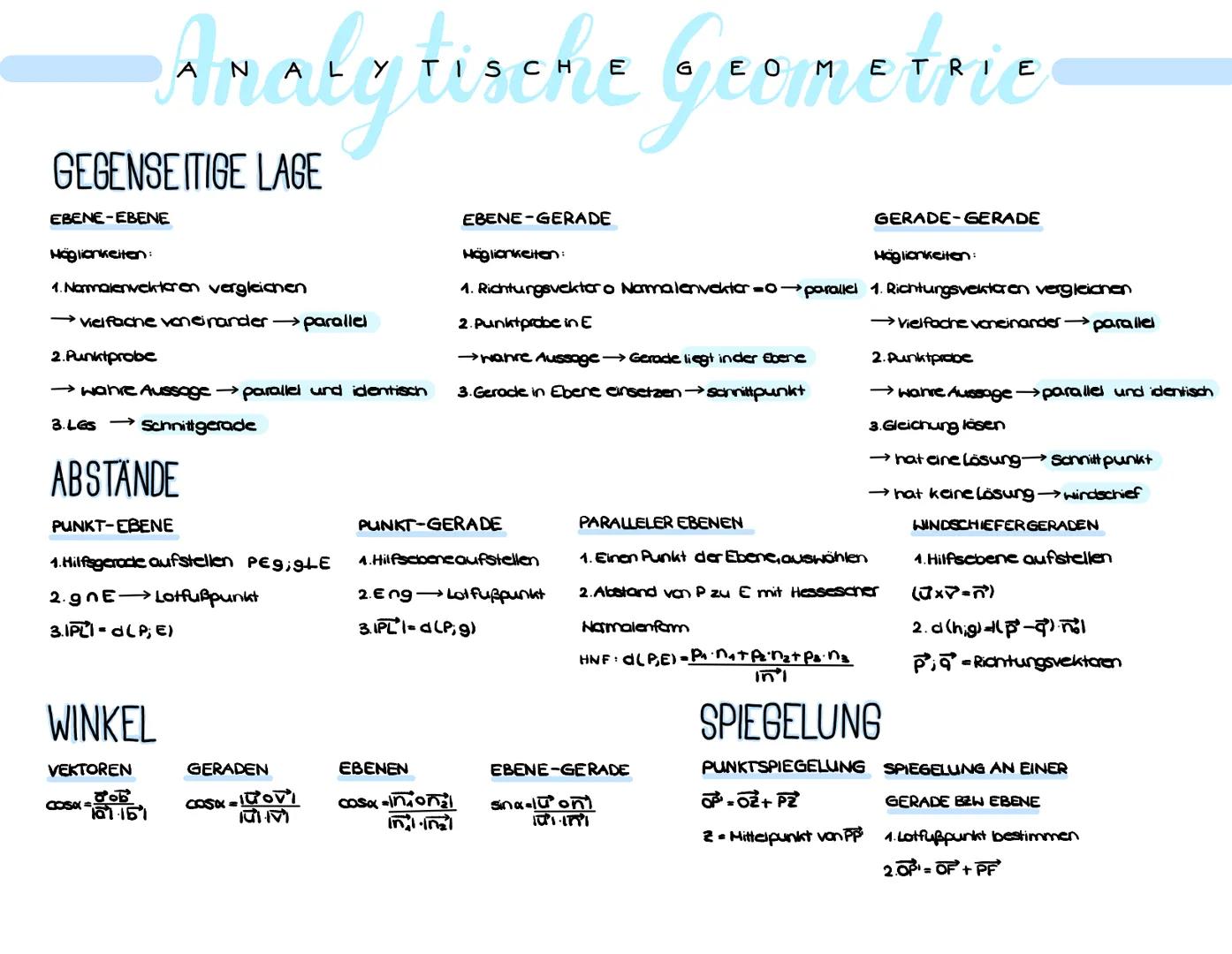 # Analytische Geometric

VEKTOREN

Verbindungsvektor

AB: Spitze-Anfang AB-B-a

A(21316); BE41512) AB =

Mitte ainer Strecke AB

A(21316); B