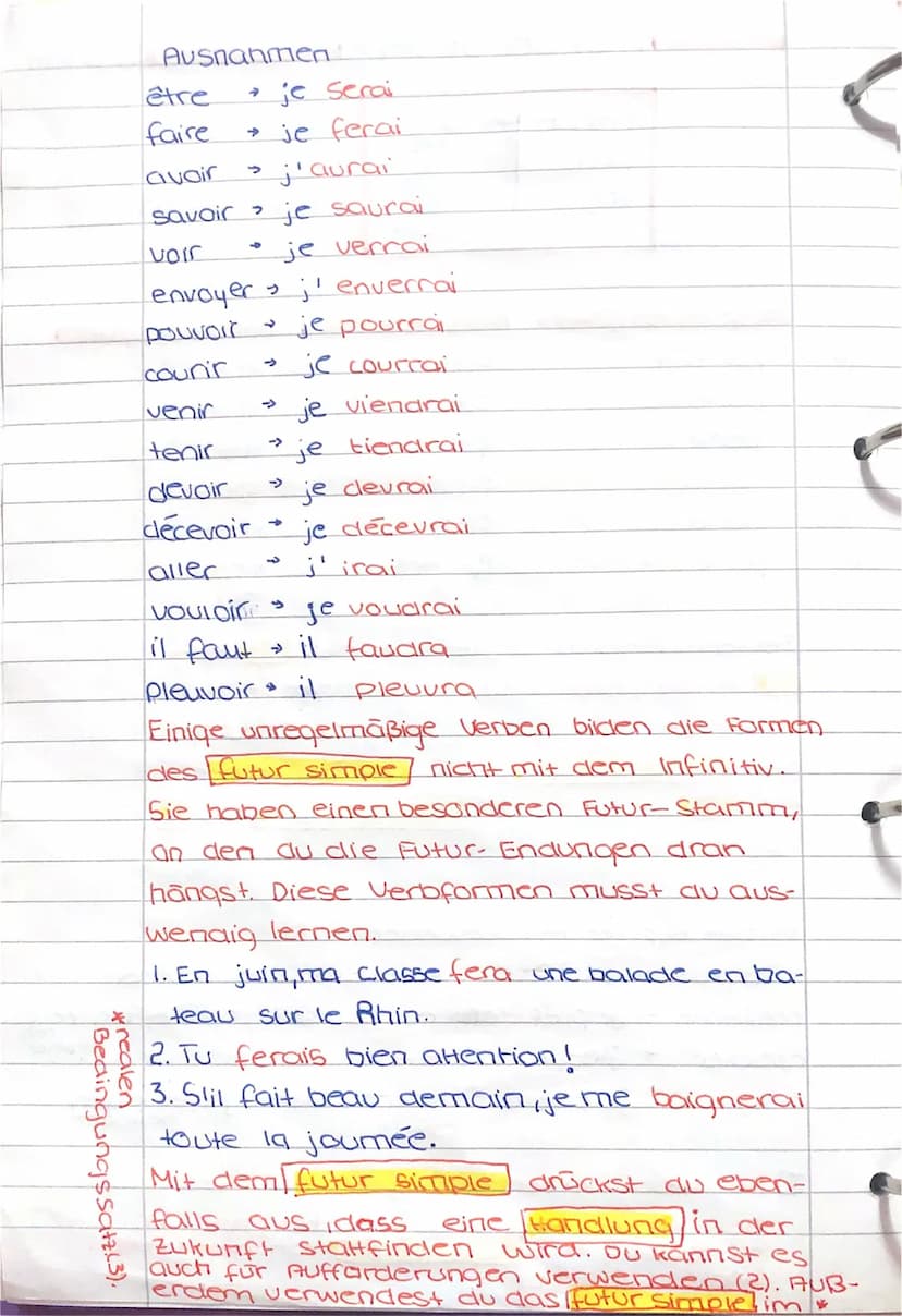 je
tu
FUTUR SIMPLE
ai
- as
parler
finir
lire
parlerai
parleras
parlera
-a
-ons
-ez
- ant
Verben auf -er Verben auf-in Verben auf -re
finirai