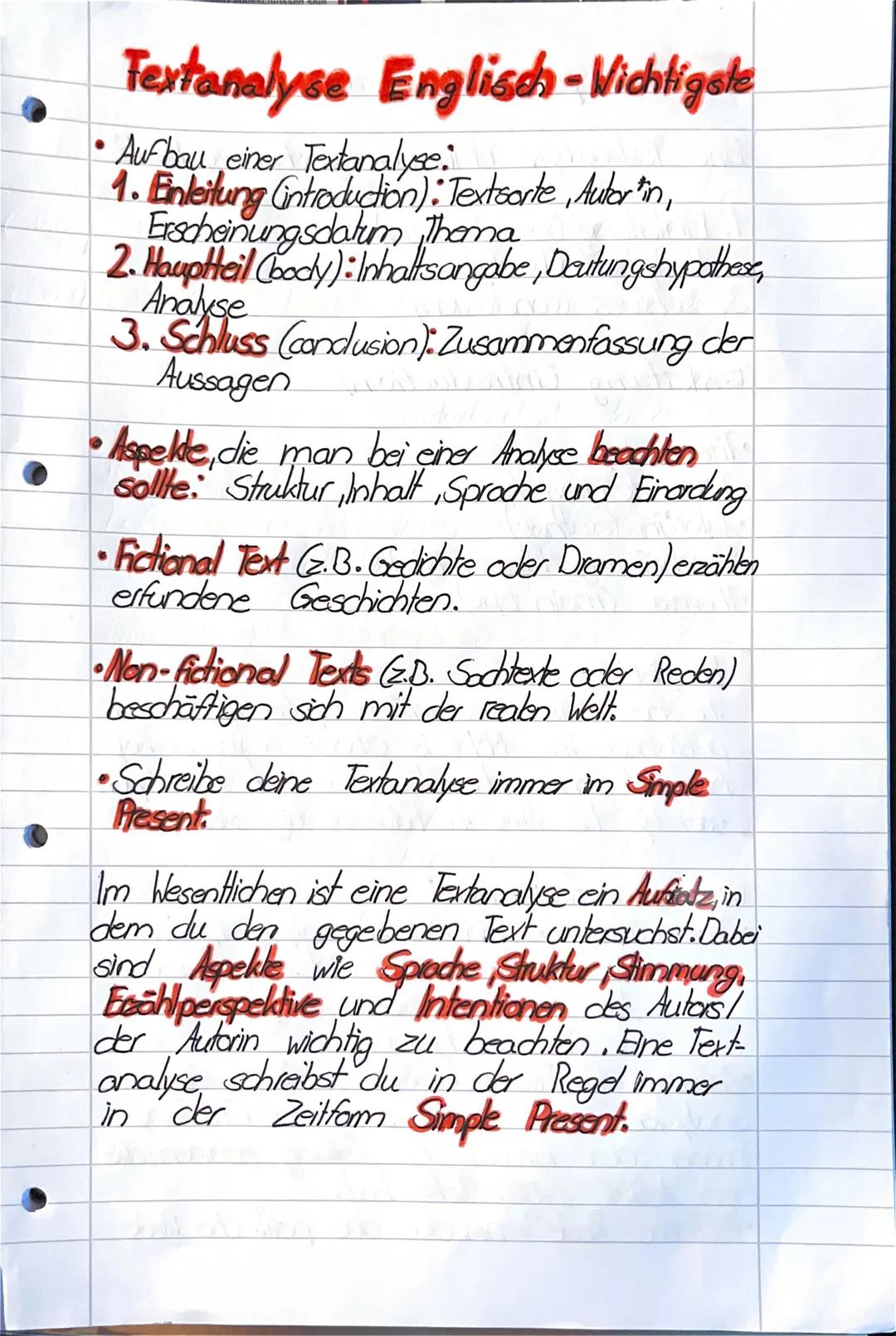 Textanalyse Englisch-Wichtigste
• Aufbau einer Textanalyse:
1. Einleitung introduction): Textsorte, Autor in,
Erscheinungsdatum Thema
2. Hau