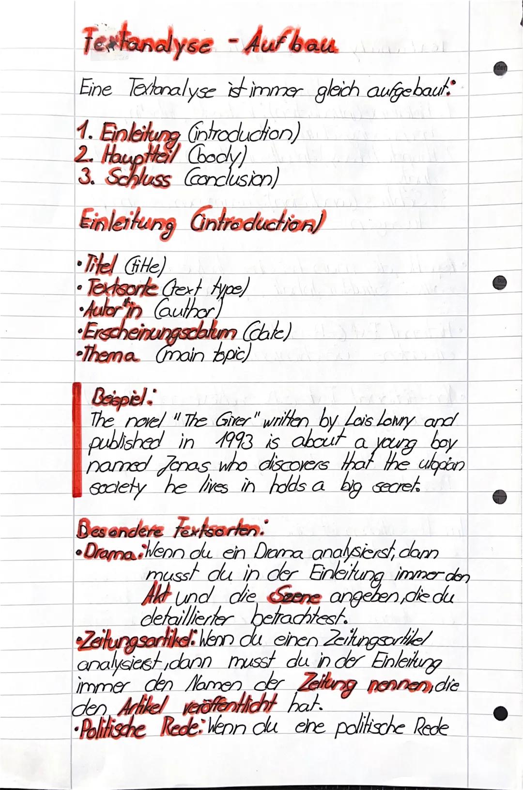 Textanalyse Englisch-Wichtigste
• Aufbau einer Textanalyse:
1. Einleitung introduction): Textsorte, Autor in,
Erscheinungsdatum Thema
2. Hau