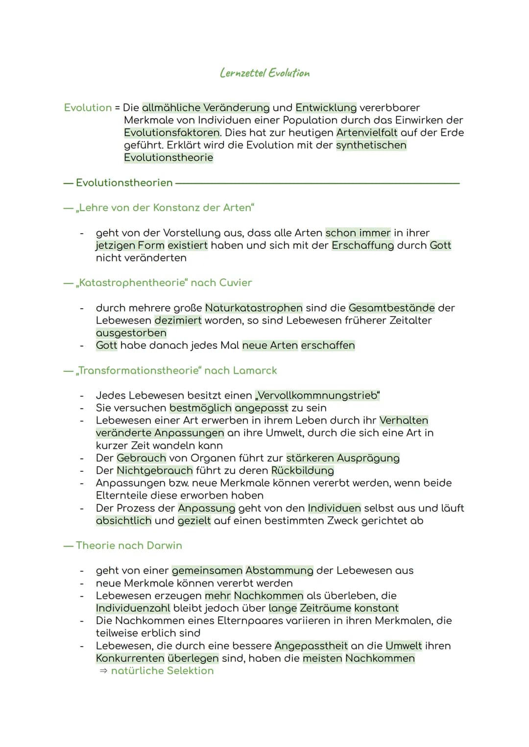 Lernzettel Evolution
Evolution = Die allmähliche Veränderung und Entwicklung vererbbarer
Merkmale von Individuen einer Population durch das 