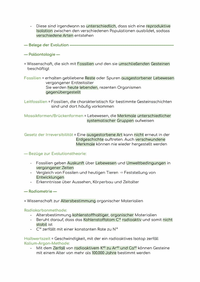 Lernzettel Evolution
Evolution = Die allmähliche Veränderung und Entwicklung vererbbarer
Merkmale von Individuen einer Population durch das 