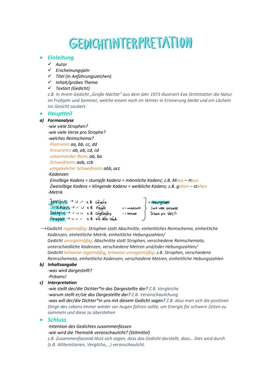 GEDICHTINTERPRETATION
● Einleitung
✓ Autor
✓ Erscheinungsjahr
✓ Titel (in Anführungszeichen)
✓ Inhalt/grobes Thema
✓ Textart (Gedicht)
z.B. 