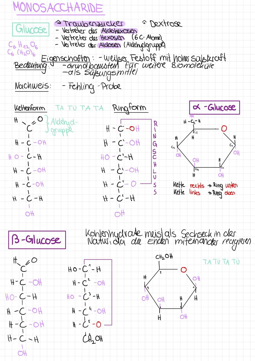 # Monosaccaride

Glucose

C6 (H20)6 C6H12O6

- Traubenzucker $\hat{=}$ Dextrose

- Vertreter der Hexosen (6-C Atome) und Allosen (Aldehydgru