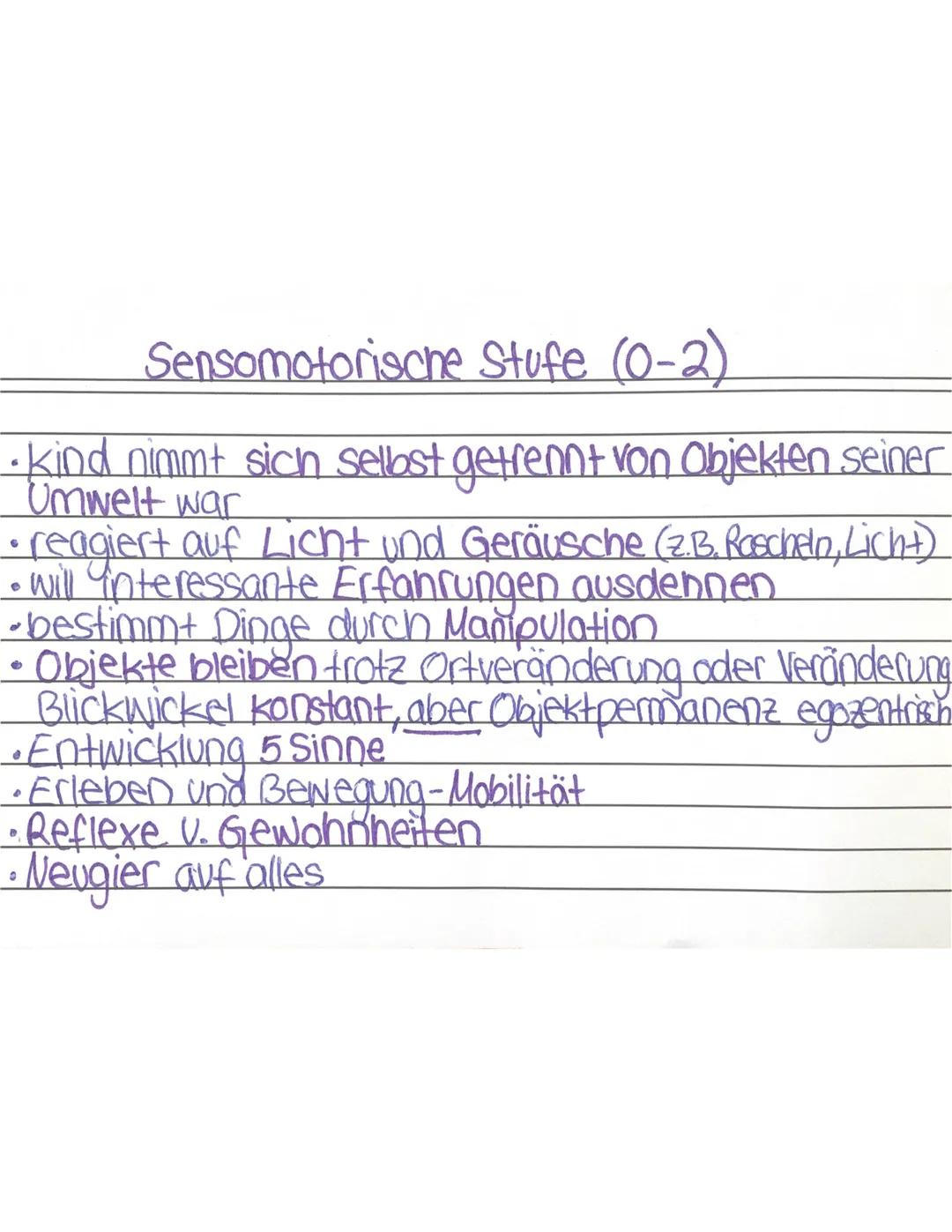 Kognitive Entwicklung-Stufenmodell.
•4 Stufen mit einer Unterstufe
• Alle kinder: selbe Reihenfolge, individuelles Tempo
Stufen geben von vo