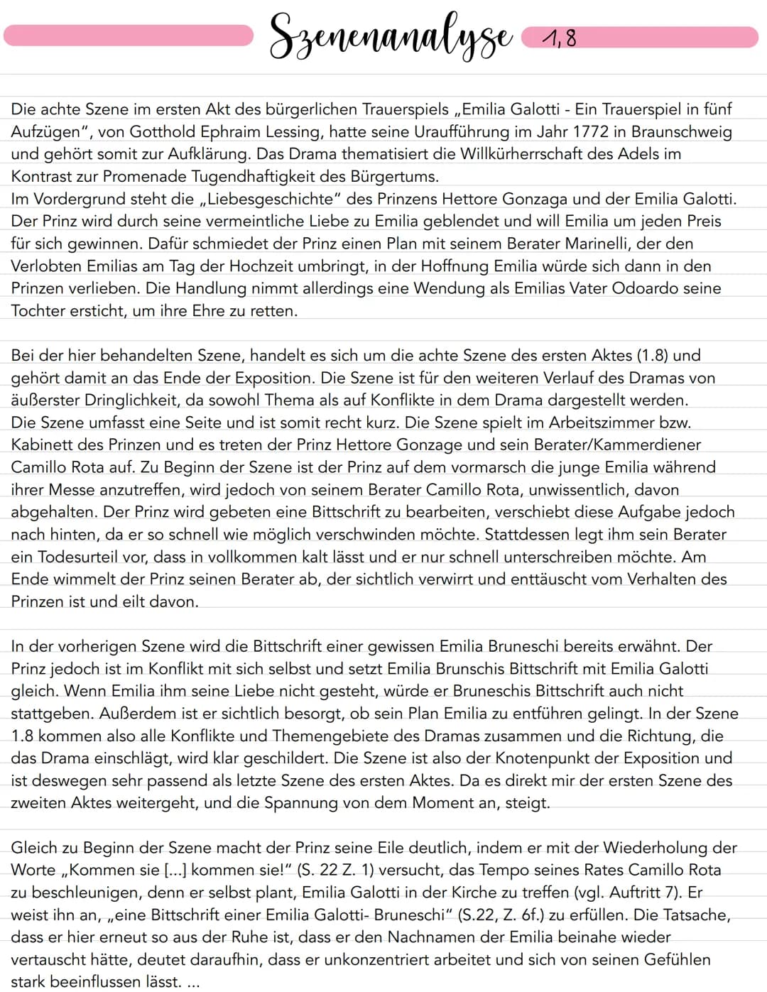 Szenenanalyse
Die achte Szene im ersten Akt des bürgerlichen Trauerspiels ,,Emilia Galotti - Ein Trauerspiel in fünf
Aufzügen", von Gotthold