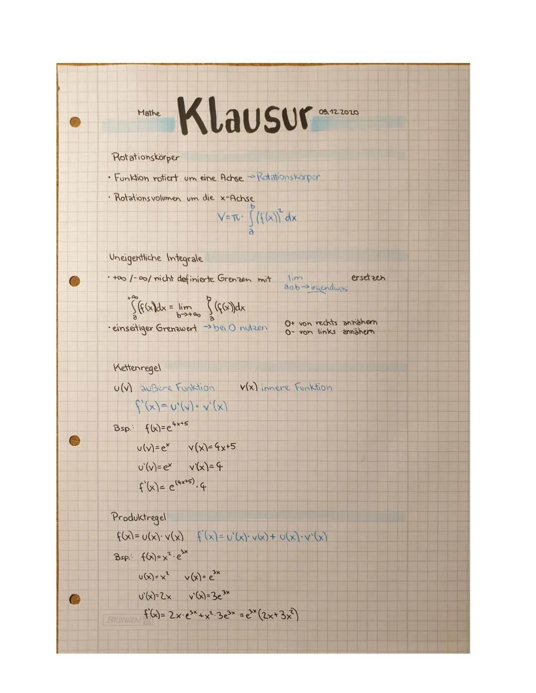 Mathe
Klausur
Rotationskörper
• Funktion rotiert um eine Achse Rotationskorper
• Rotations volumen um die x-Achse
S (f(x) dx =
Uneigentliche