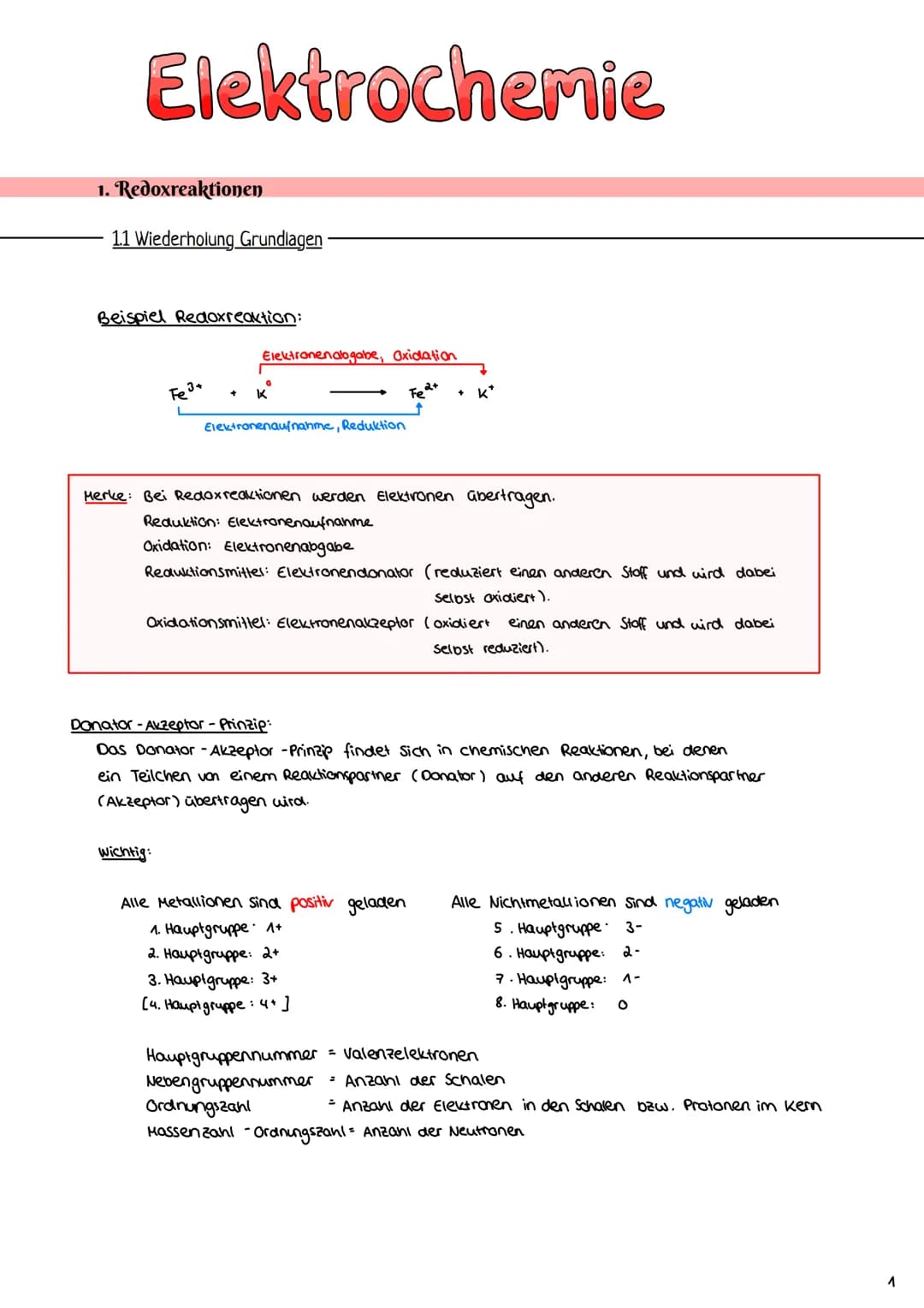 Elektrochemie
1. Redoxreaktionen
1.1 Wiederholung Grundlagen
Beispiel Redoxreaktion:
Fe ³+
Elektronenabgabe, Oxidation
+ K
wichtig:
Elektron