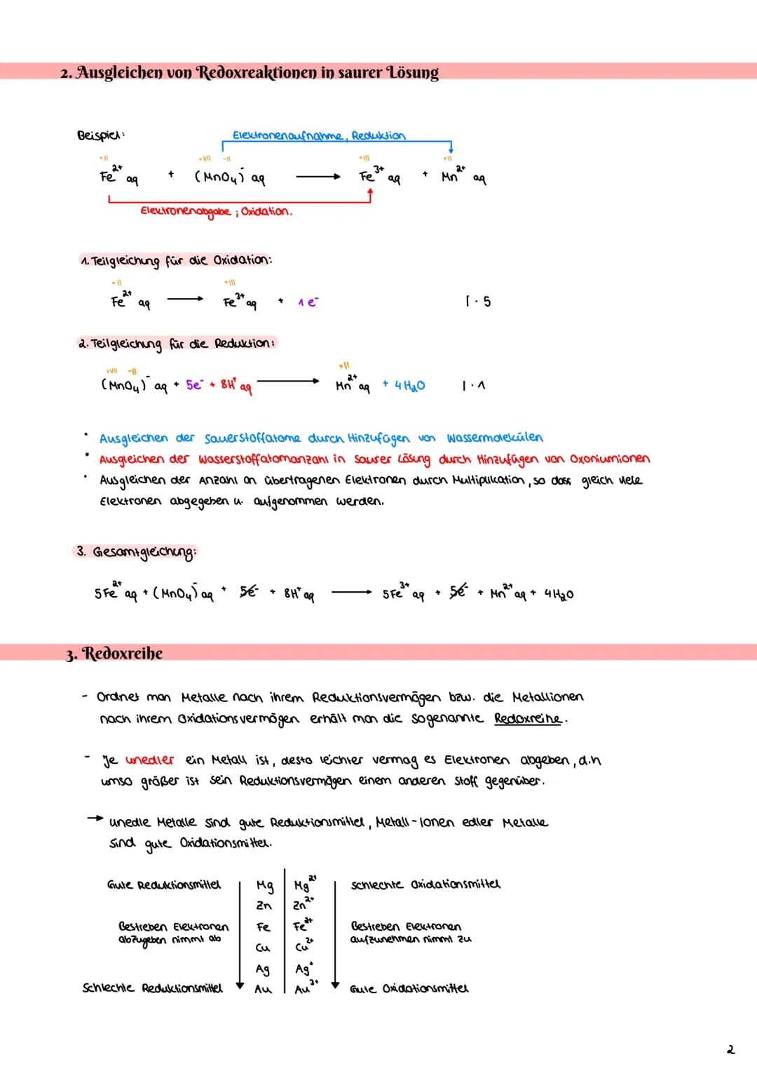 Elektrochemie
1. Redoxreaktionen
1.1 Wiederholung Grundlagen
Beispiel Redoxreaktion:
Fe ³+
Elektronenabgabe, Oxidation
+ K
wichtig:
Elektron