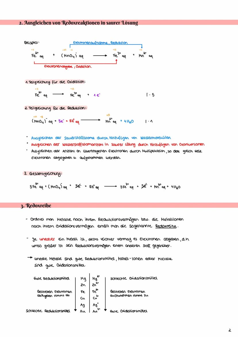 Elektrochemie
1. Redoxreaktionen
1.1 Wiederholung Grundlagen
Beispiel Redoxreaktion:
Fe ³+
Elektronenabgabe, Oxidation
+ K
wichtig:
Elektron