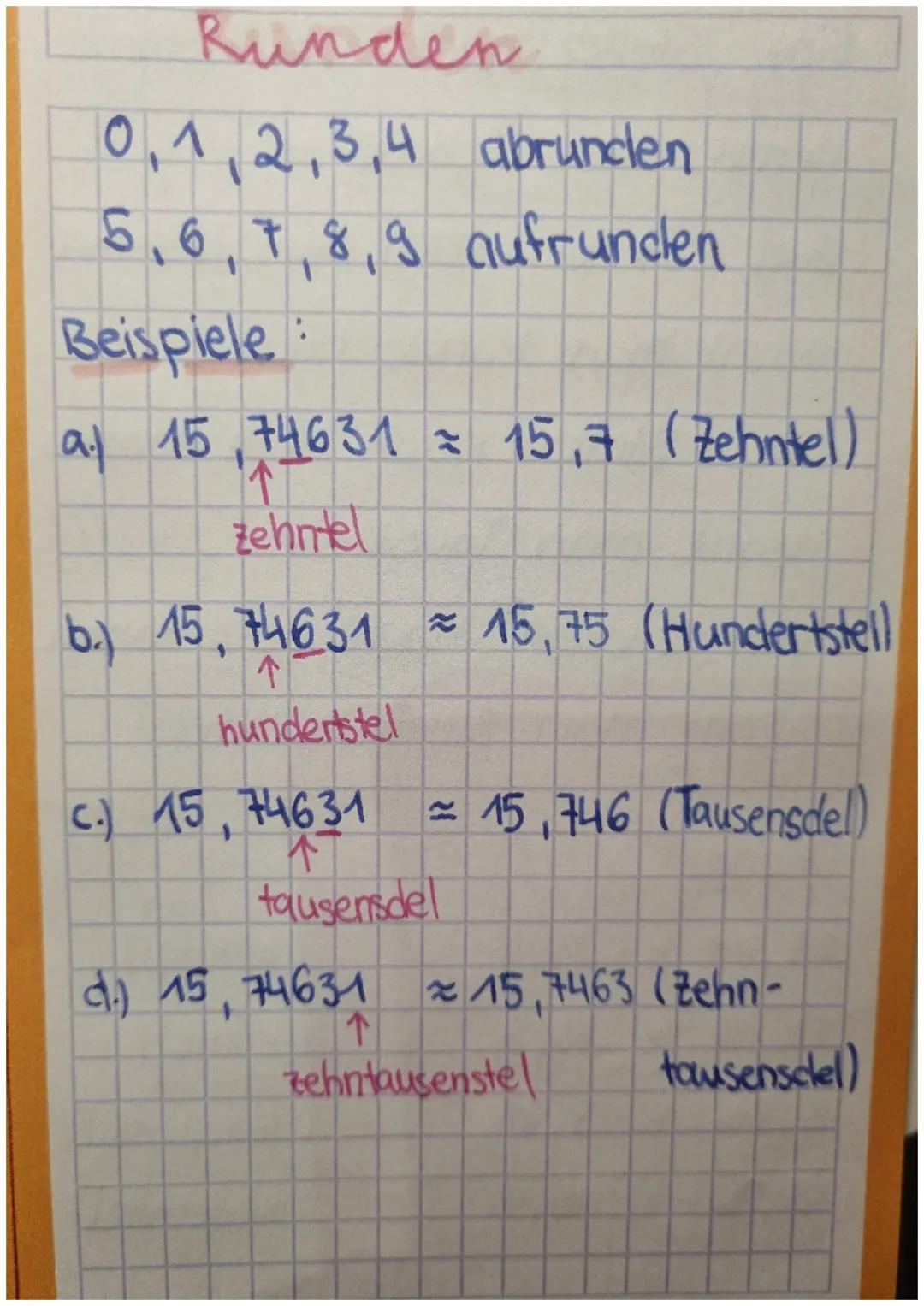 Runden

0,1,2,3,4 abrunclen
5,6,7,8,9 aufrunden

Beispiele:

a) 15,74631 = 15,7 (Zehntel)
↑
zehntel

b.) 15,74631
≈ 15,75 (Hundertstell
↑
hu