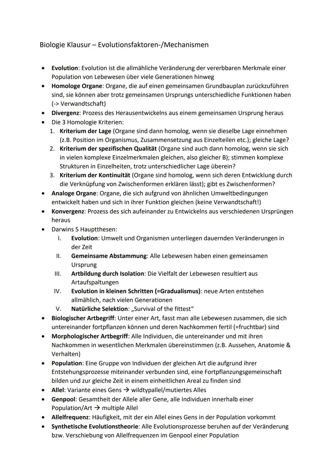 Biologie Klausur - Evolutionsfaktoren-/Mechanismen
●
●
● Divergenz: Prozess des Herausentwickelns aus einem gemeinsamen Ursprung heraus
Die 