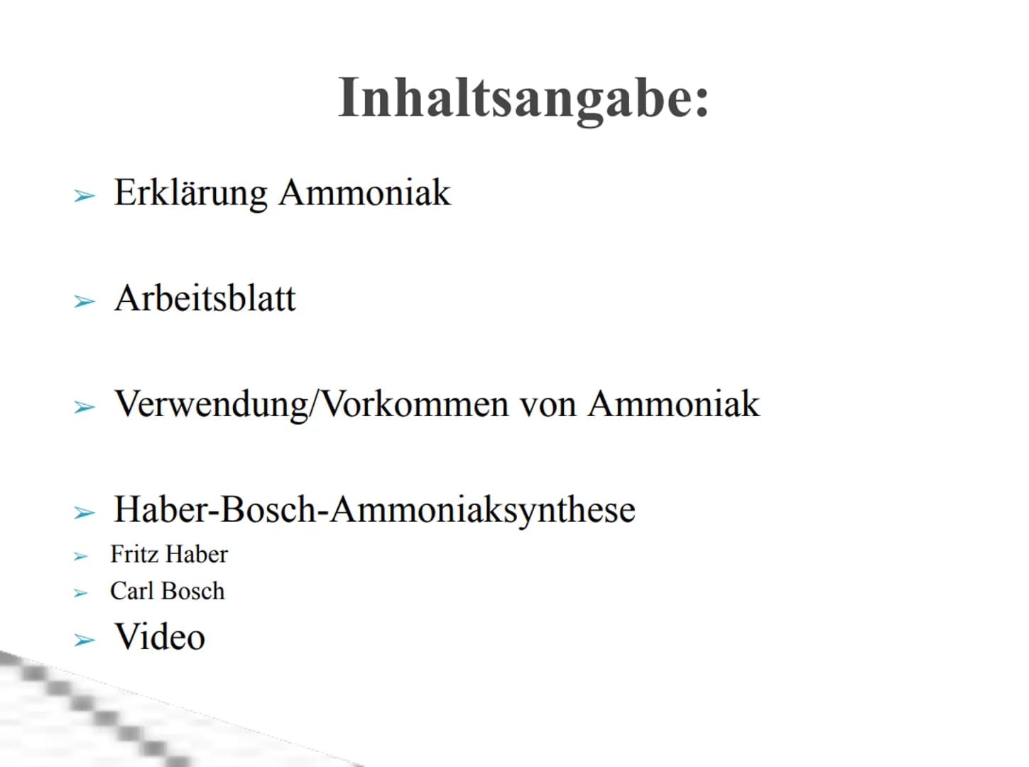 Ammoniak
+
8-
+ Erklärung Ammoniak
Arbeitsblatt
Inhaltsangabe:
Verwendung/Vorkommen von Ammoniak
Haber-Bosch-Ammoniaksynthese
Fritz Haber
Ca