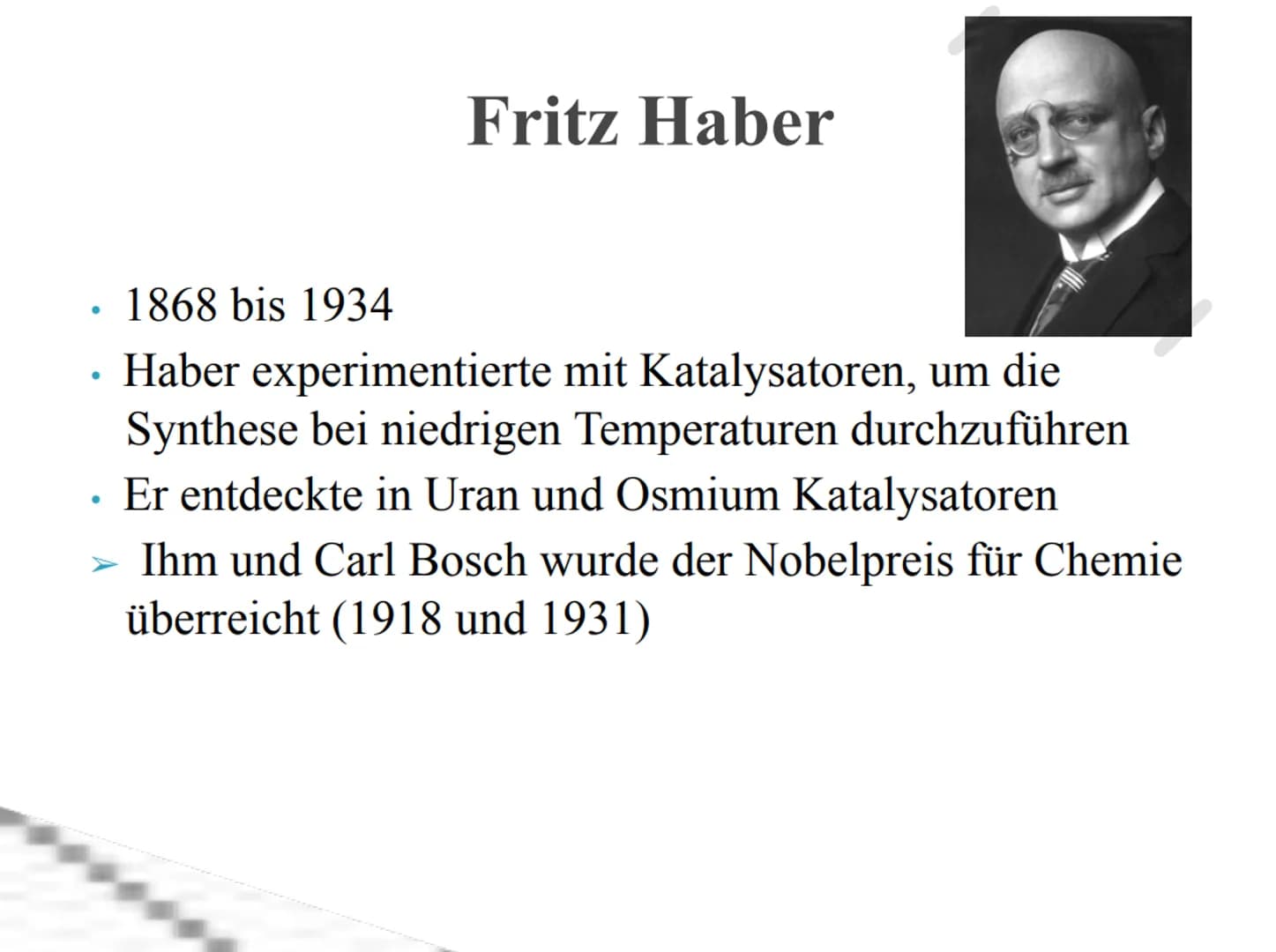 Ammoniak
+
8-
+ Erklärung Ammoniak
Arbeitsblatt
Inhaltsangabe:
Verwendung/Vorkommen von Ammoniak
Haber-Bosch-Ammoniaksynthese
Fritz Haber
Ca