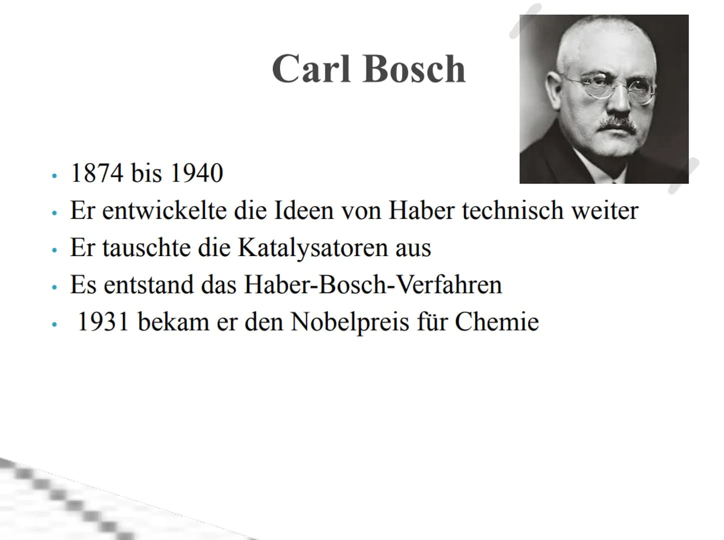 Ammoniak
+
8-
+ Erklärung Ammoniak
Arbeitsblatt
Inhaltsangabe:
Verwendung/Vorkommen von Ammoniak
Haber-Bosch-Ammoniaksynthese
Fritz Haber
Ca