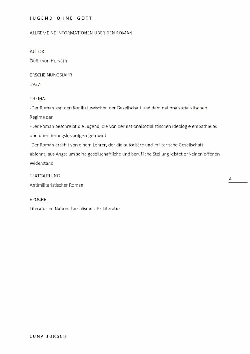 JUGEND OHNE GOTT
ÖDÖN VON HORVATH
1937
LESETAGEBUCH JUGEND OHNE GOTT
INHALTSVERZEICHNIS
ALLGEMEINE INFORMATIONEN ÜBER DEN ROMAN AUTOR Ödön v