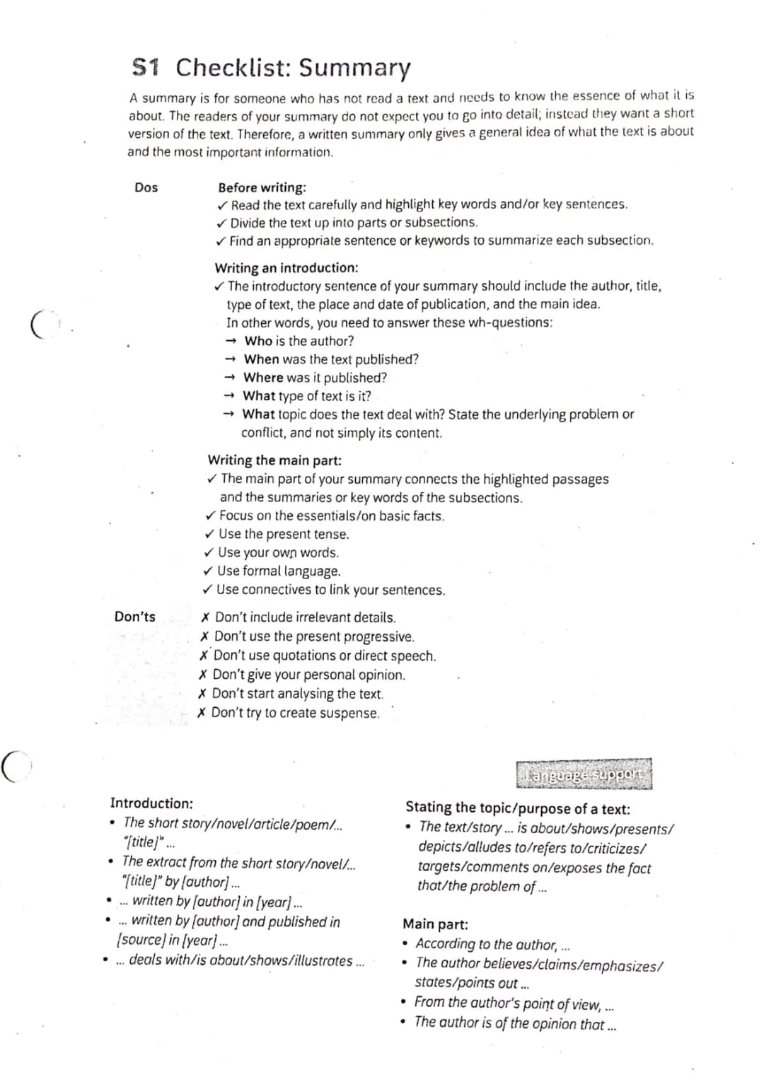 Checkliste für das Schreiben einer Summary
