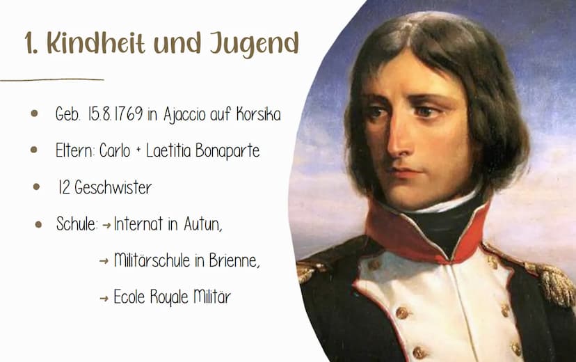 NAPOLEON
BONAPARTE
von Michelle und Elisa SPITA
GLIEDERUNG
1. Kindheit und Jugend
2. Napoleons Laufbahn in der Armee
3. Wie kam er an die Ma