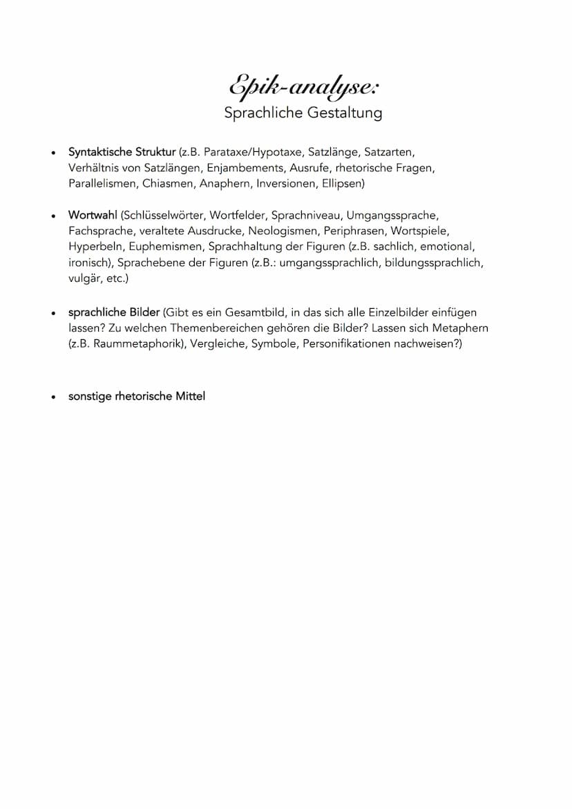 Epik-analyse:
Erzählerische Gestaltung (zitieren!)
Erzählform
Er-/Sie-Form (auktorial, personal, neutral)
Ich-Form (erlebende Ich, erzählend