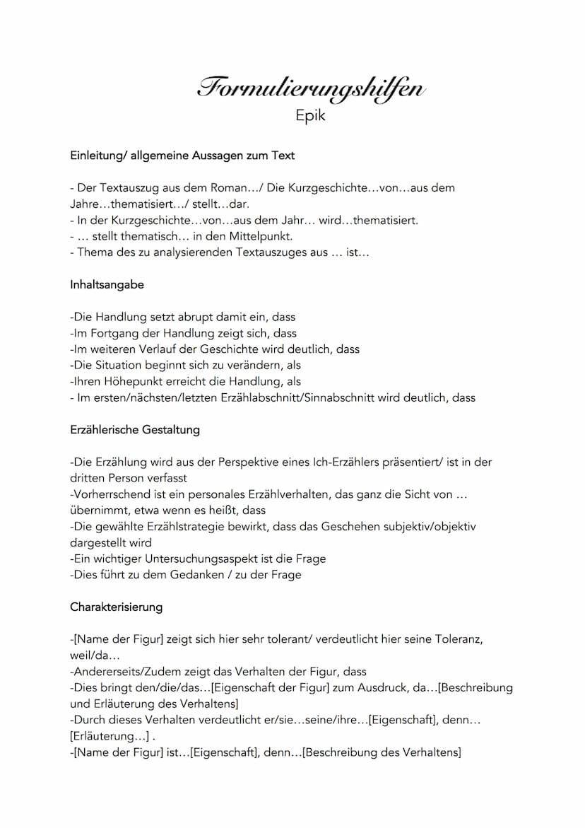 Epik-analyse:
Erzählerische Gestaltung (zitieren!)
Erzählform
Er-/Sie-Form (auktorial, personal, neutral)
Ich-Form (erlebende Ich, erzählend