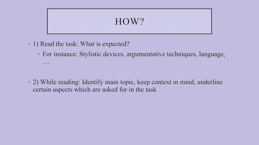 ANALYZING A SPEECH How to analyze a speech:
1. Read the task: What is expected (e.g. stylistic devices/ argumentative techniques/ author's
i