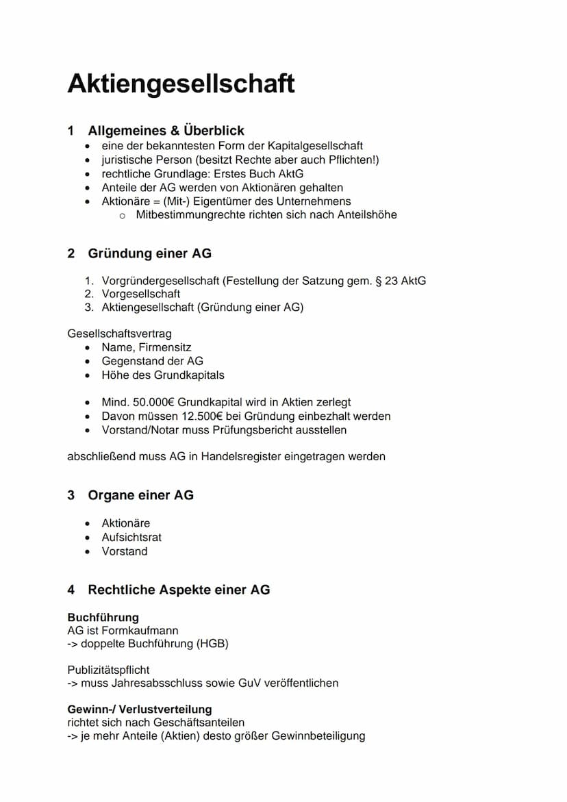 Aktiengesellschaft
1 Allgemeines & Überblick
●
●
2 Gründung einer AG
1. Vorgründergesellschaft (Festellung der Satzung gem. § 23 AktG
2. Vor