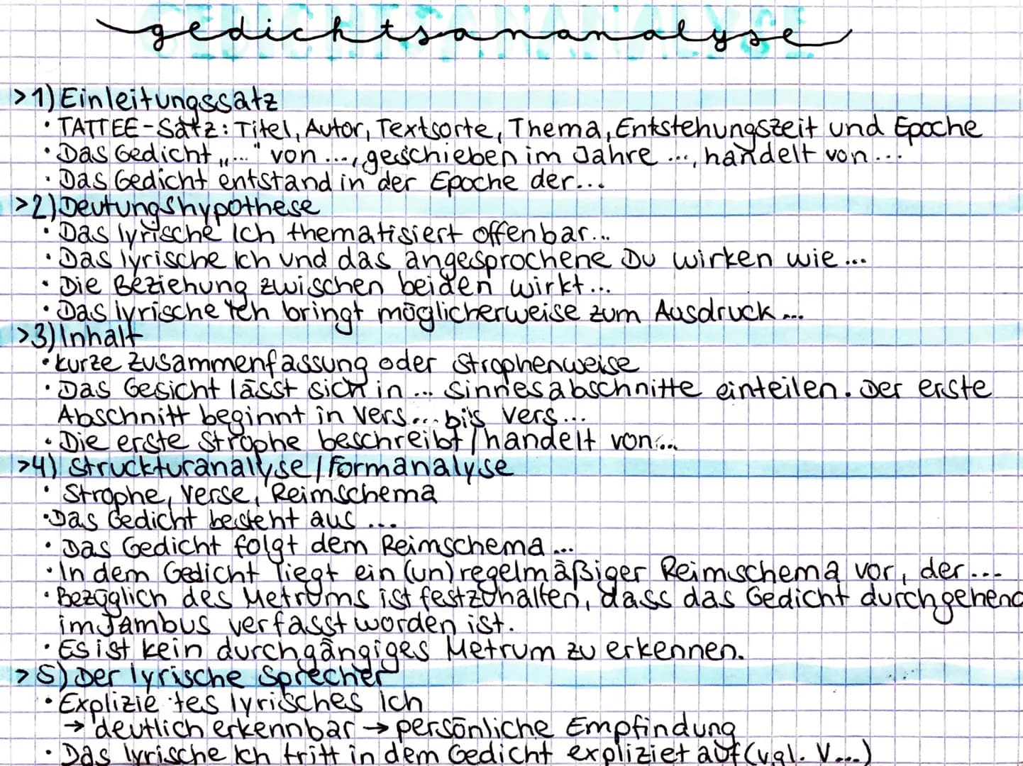 gedichtsananalyse
> 1) Einleitungssatz
•TATTEE-Satz: Titel, Autor, Textsorte, Thema, Entstehungszeit und Epoche
•Das Gedicht..." von ..., ge
