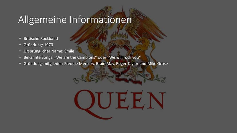 Queen Gliederung
●
●
Allgemeine Informationen
Bandmitglieder
• Entwicklung
Alben
● Allgemeine Informationen
●
●
●
Britische Rockband
Gründun