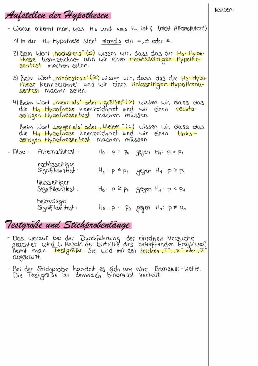 Mathematik > Stochastik
Hypothesentest
= wenn man irgendetwas mit Hilfe von erhobenen Daten nachwei-
sen möchte. Der Grundsatz ist hierbei, 