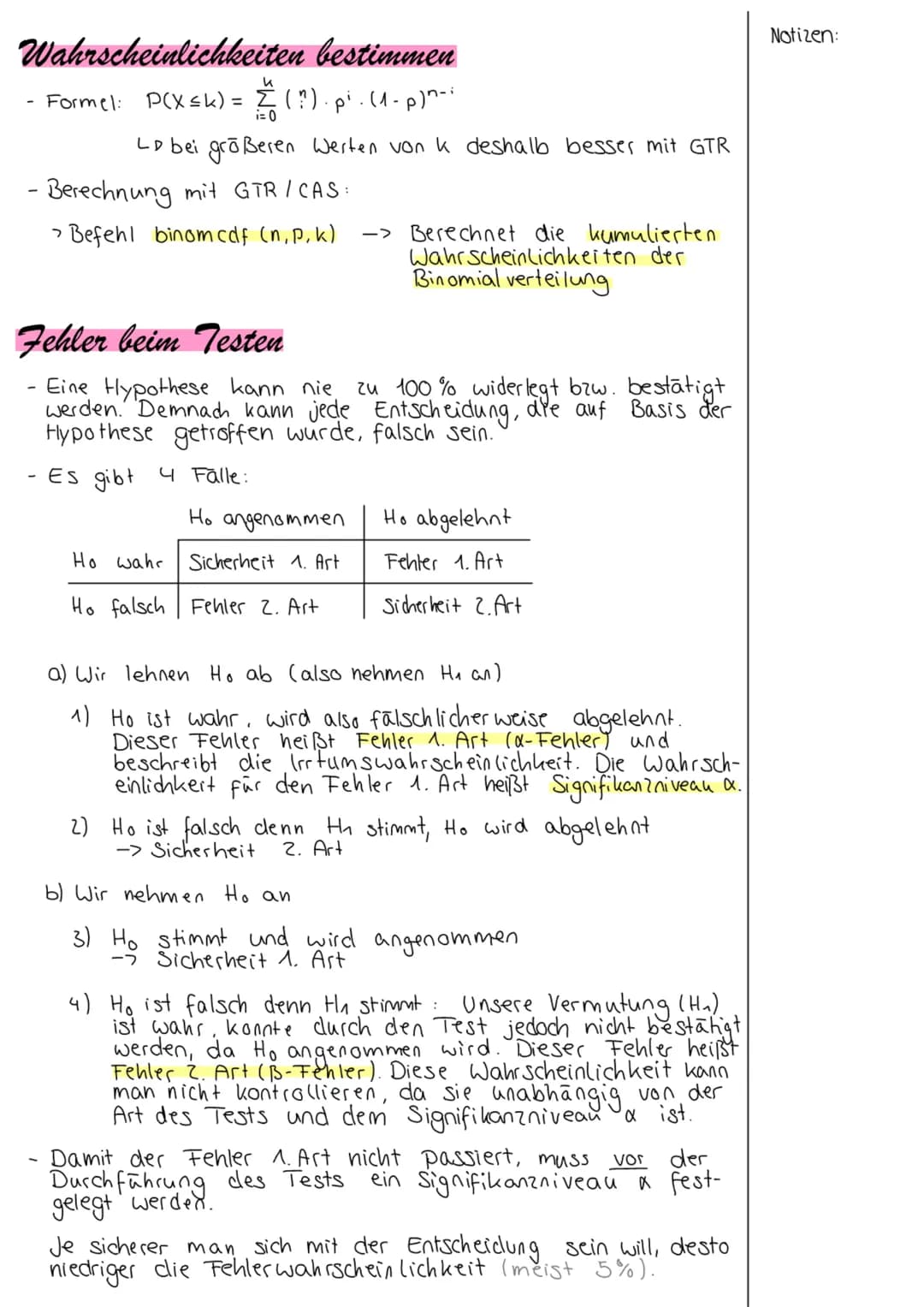 Mathematik > Stochastik
Hypothesentest
= wenn man irgendetwas mit Hilfe von erhobenen Daten nachwei-
sen möchte. Der Grundsatz ist hierbei, 