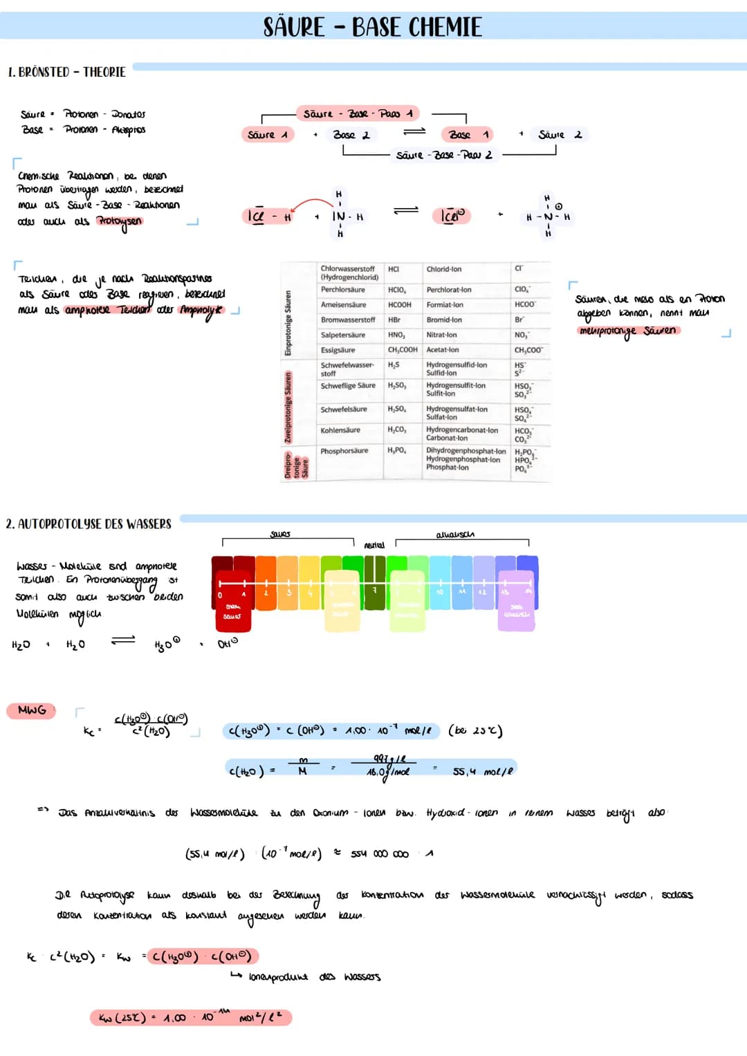 1. BRÖNSTED THEORIE
Saure. Protonen Donatos
Base = Protonen - Akzeptos
Chemische Reaktionen, bei denen
Protonen übertragen werden, bezeichne