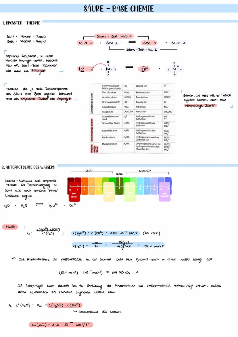 1. BRÖNSTED THEORIE
Saure. Protonen Donatos
Base = Protonen - Akzeptos
Chemische Reaktionen, bei denen
Protonen übertragen werden, bezeichne